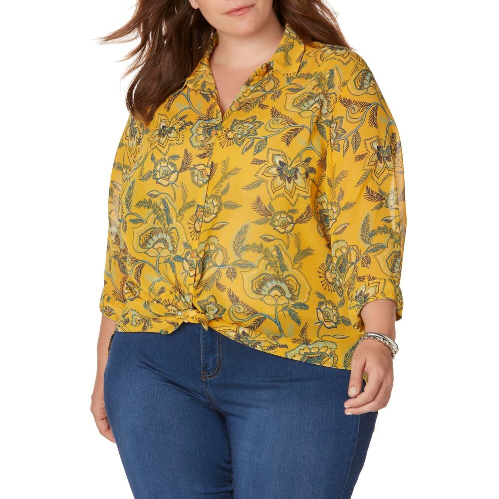 NEW Simply Emma Plus Size Button Up‎ Blouse Semi-Sheer Floral Yellow 3/4 Sleeves
